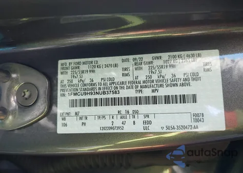 2022 Ford Escape Sel из США, поврежденный, VIN 1FMCU9H93NUB37583